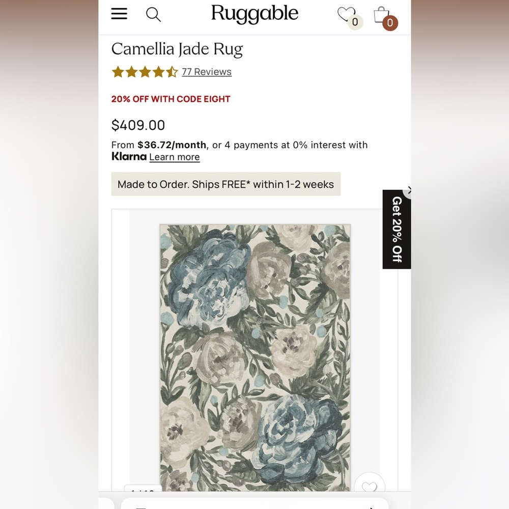 Ruggable 6’ x 9’ “Camelia jade” rug - top only